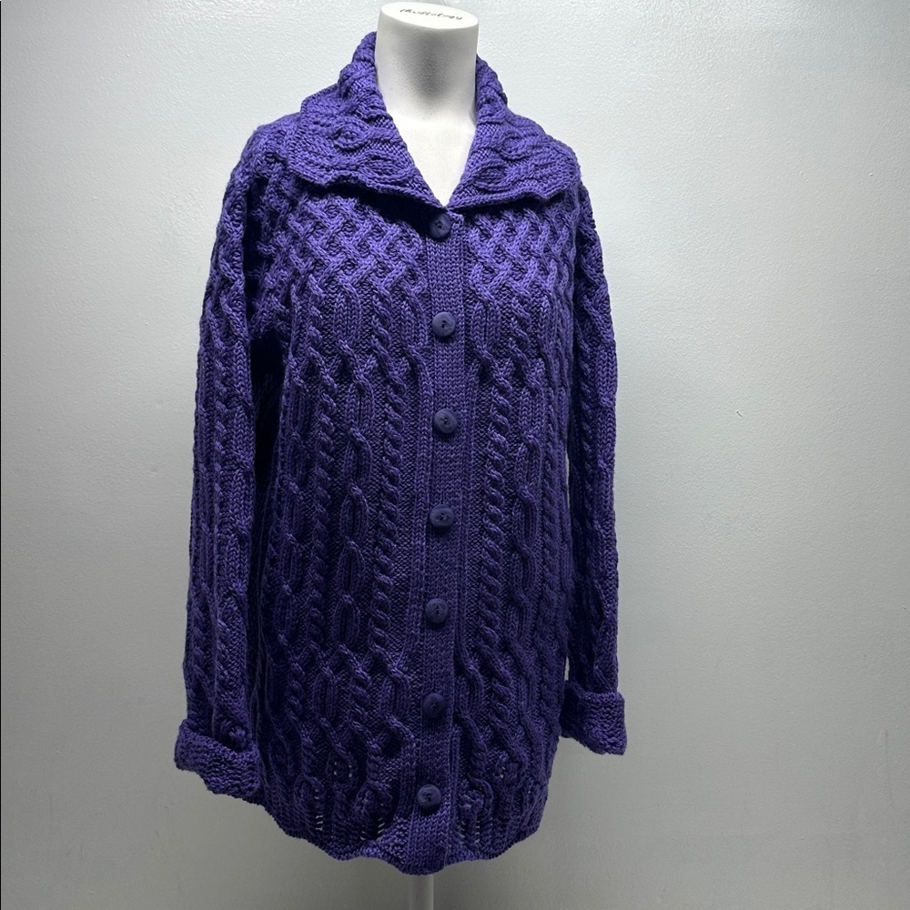 Aran Crafts Cardigan Sweater 100% Merino Wool Knit Button Down Purple Medium